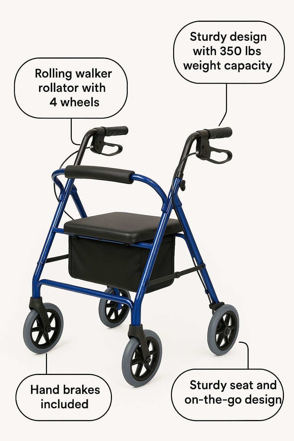 Caring 4-Wheel Rollator Walker for Seniors – Blue Rolling Walker with Seat, Hand Brakes & Storage – Heavy Duty Frame Supports 350 lbs – Foldable Mobility Aid