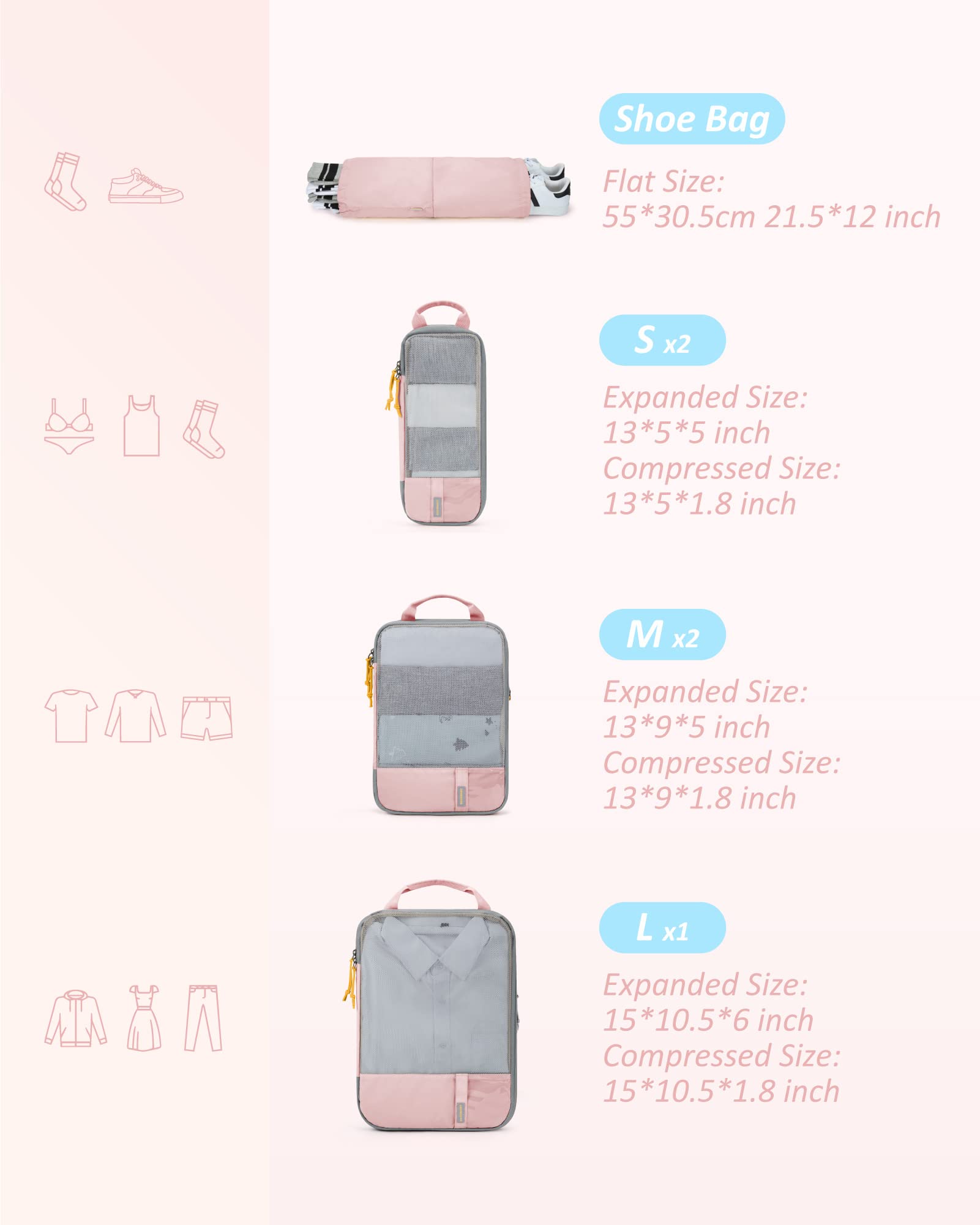 BAGSMART 6 Set Compression Packing Cubes for Travel, Lightweight Vacation Travel Essentials for Women, Travel Accessories for Suitcase Organizer Bags Set, Durable Luggage Organizer Travel Bags