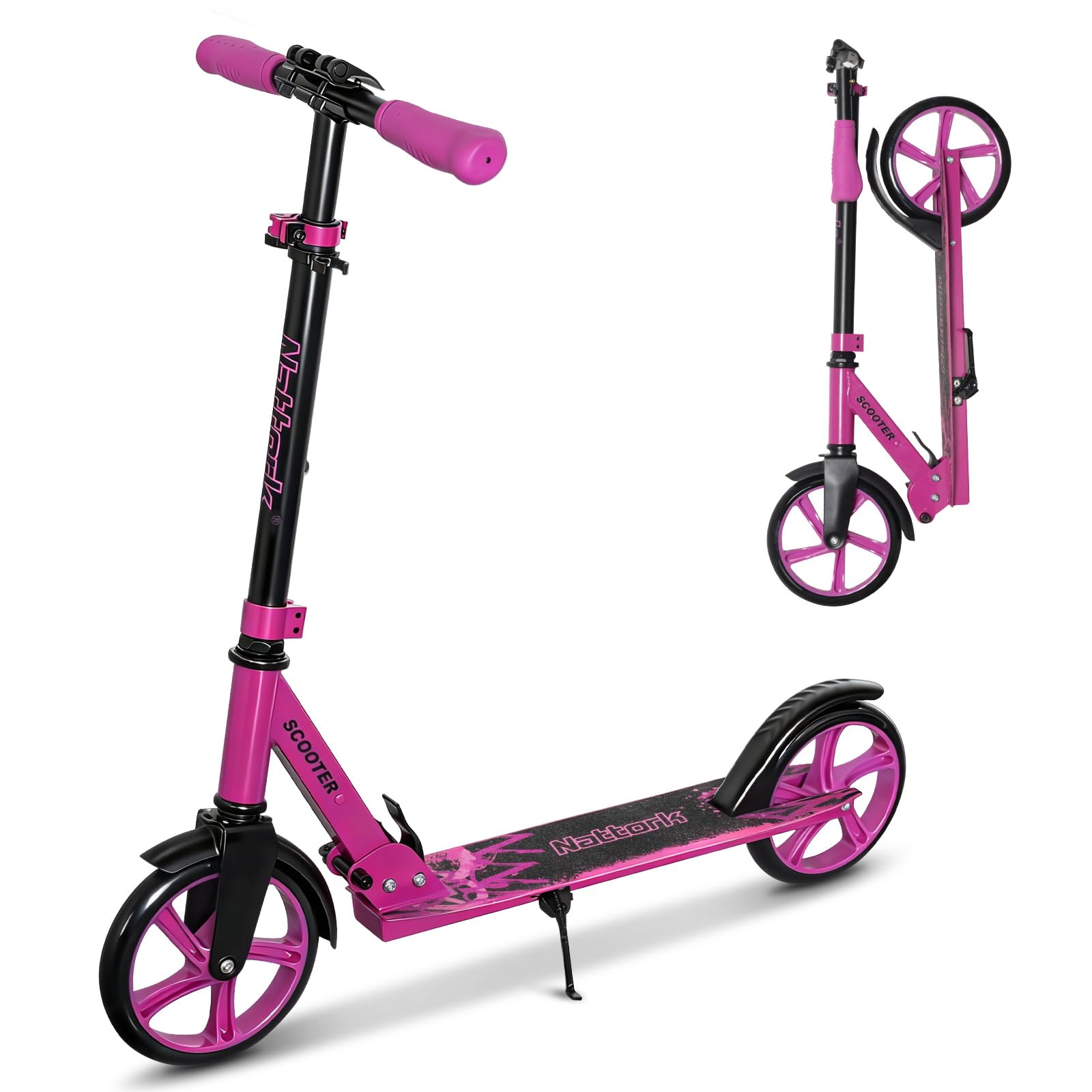 Nattork Scooter for Kids 8-12, Teens and Adults- Adjustable Height Folding Kick Scooter with Large Sturdy Wheels for a Smooth Ride, Lightweight, Anti-Shock Suspension for Boys and Girls