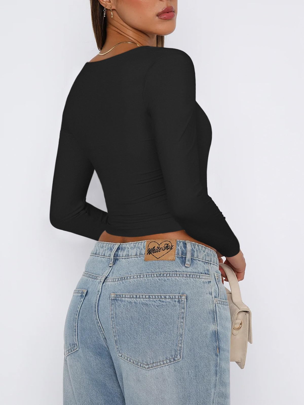 REORIA Women's Fall Sexy Casual Square Neck Long Sleeve Tight Cropped T Shirts Slim Fitted Basic Y2K Trendy Going Out Crop Tops for Teen Girls Black Medium