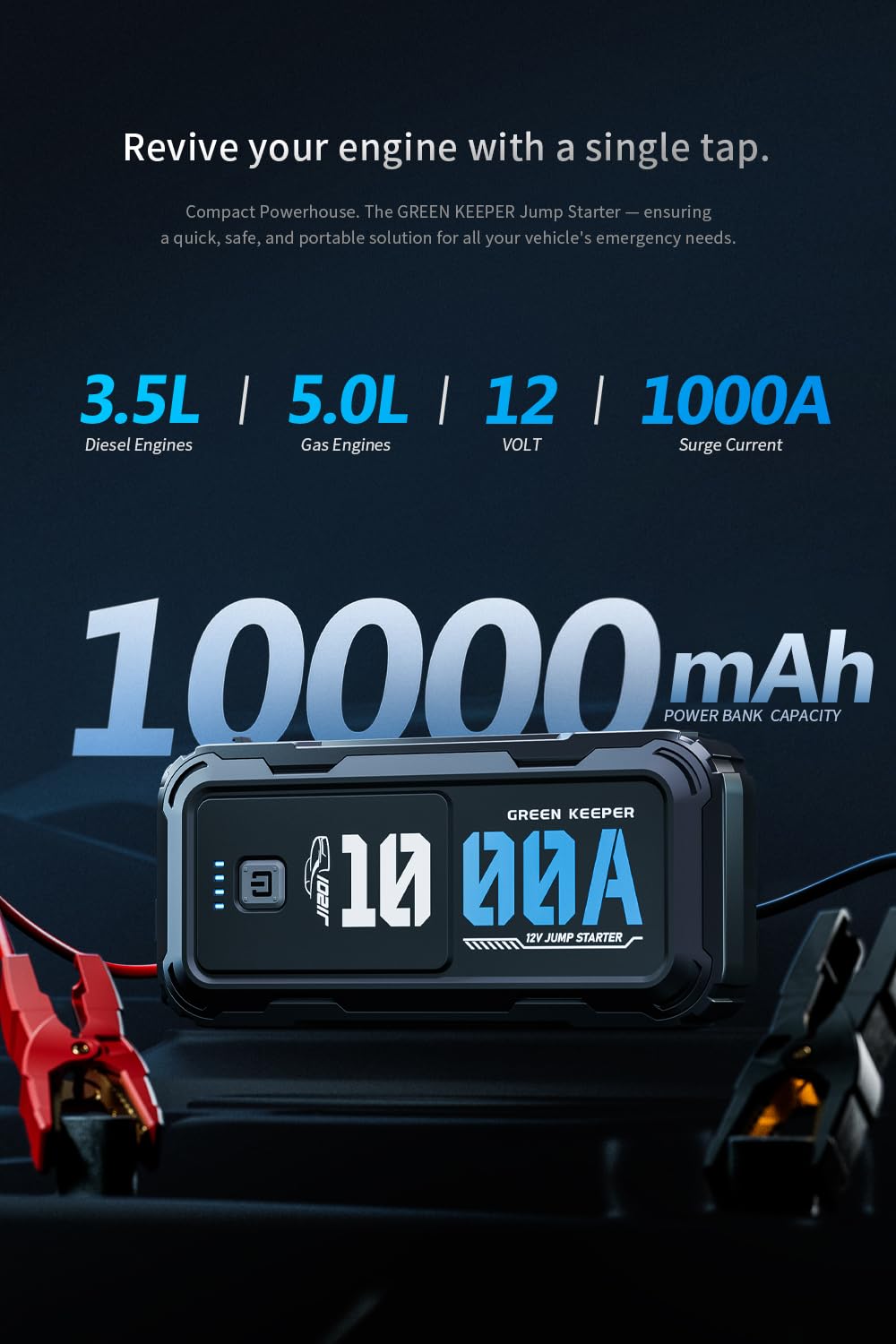 Car Battery Jump Starter 1000A: Portable Jump Start Smart Jumper Cable 12V Battery Jumper Starter for 5.0L Gas & 3.5L Diesel Jump Start Battery Pack Multiple Emergency Kit with LED & Safety Protection