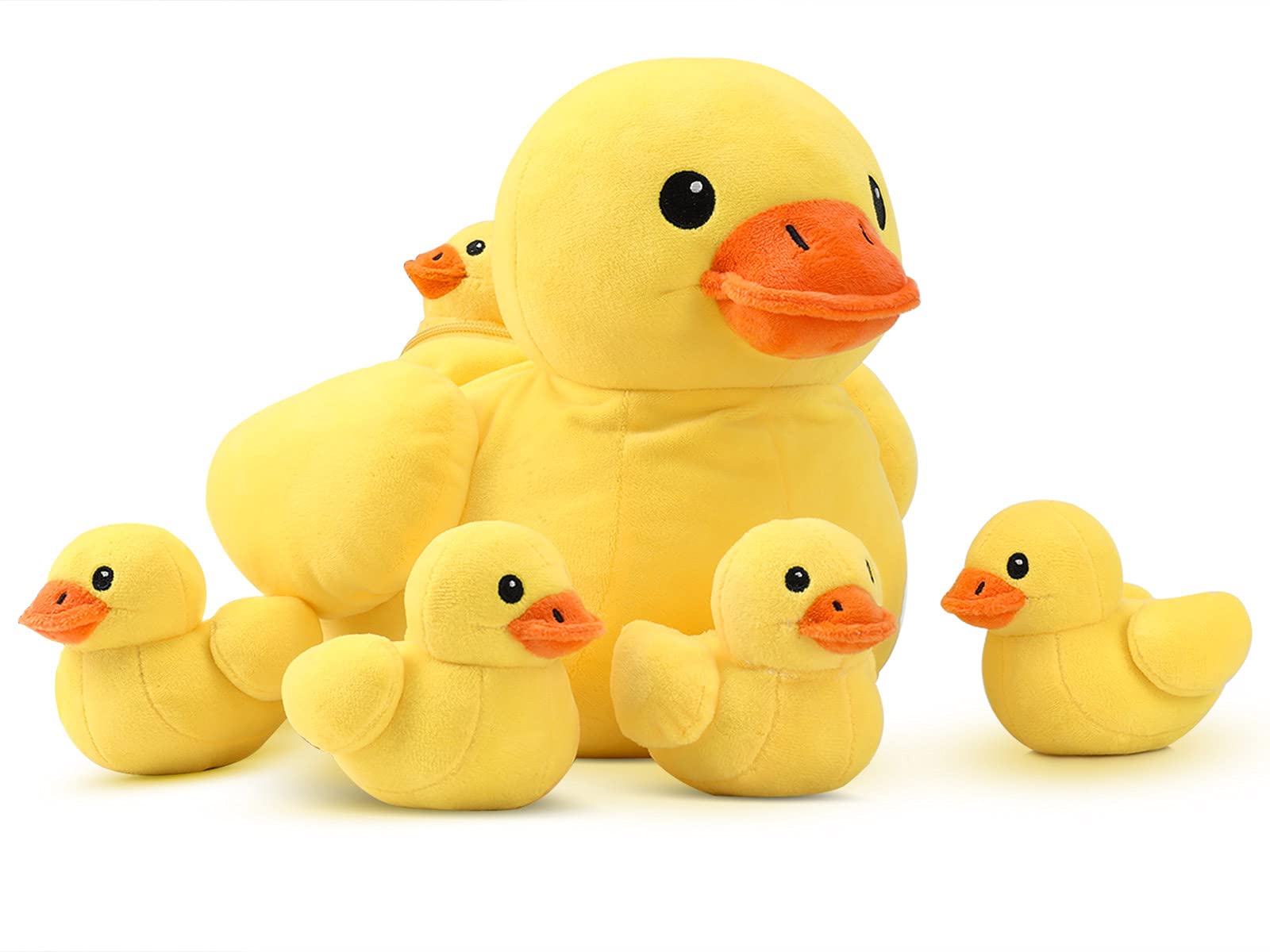 Pegmapri 14" Yellow Duck Stuffed Animal with Babies, Ducky Plush Playset with Zipper Pocket, 5pcs Ducklings Toys Plushie Birthday Gift for Kids Boy Girl