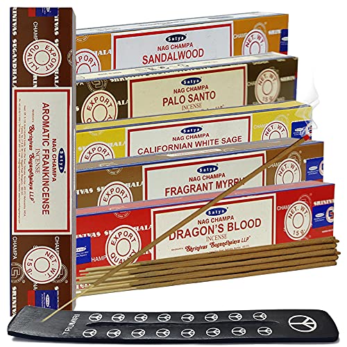 Satya Incense Sticks Variety Pack #10 and Holder Bundle with 6 Classic Fragrances Sandalwood Dragon's Blood Palo Santo White Sage