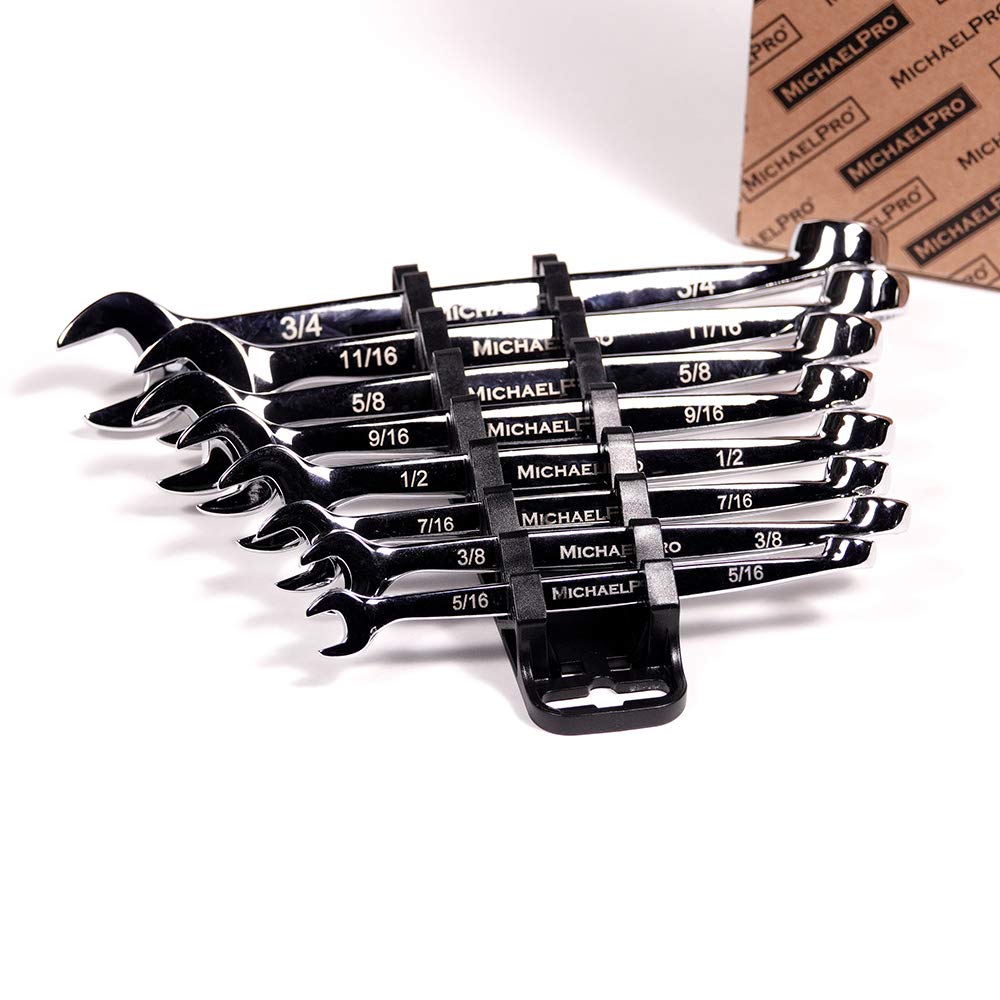 MichaelPro MP001014 8-piece SAE Combination Wrench Tool Set, Patented Spiral Grip Design Spanner Set, 15 Degree Offset Wrench Set at Open End, SAE Wrench Set for Mechanic
