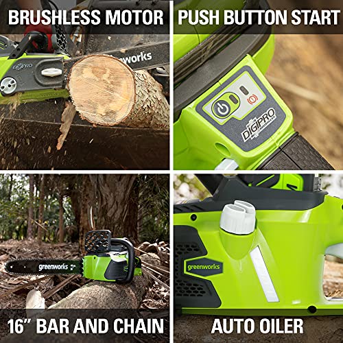 Greenworks 40V 16" Brushless Cordless Chainsaw, 4.0Ah Battery and Charger Included
