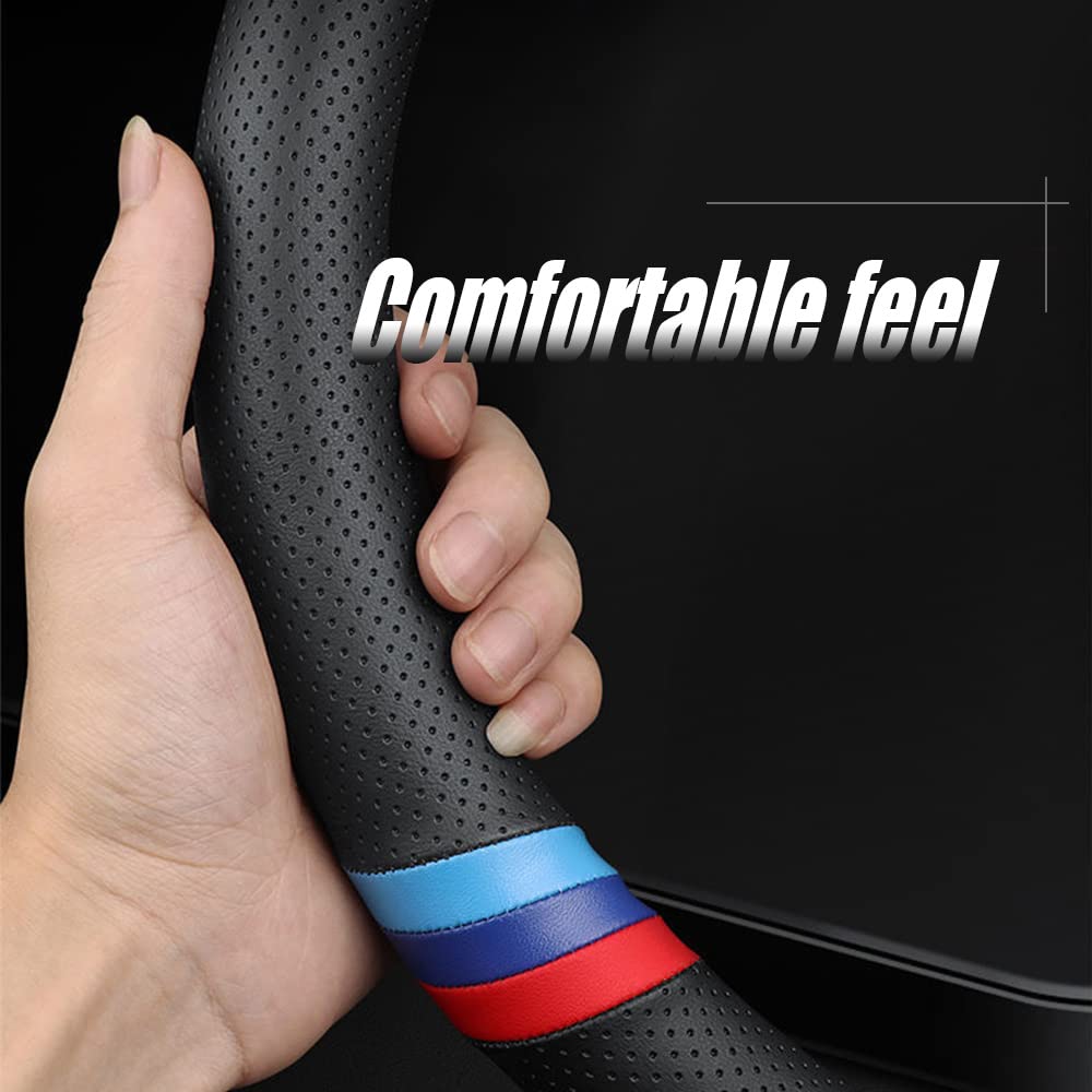 YOUDAXIN New Nappa Leather Car Steering Wheel Cover, Comfortable, Non-Slip, Sport Style Universal 15". Black Blue