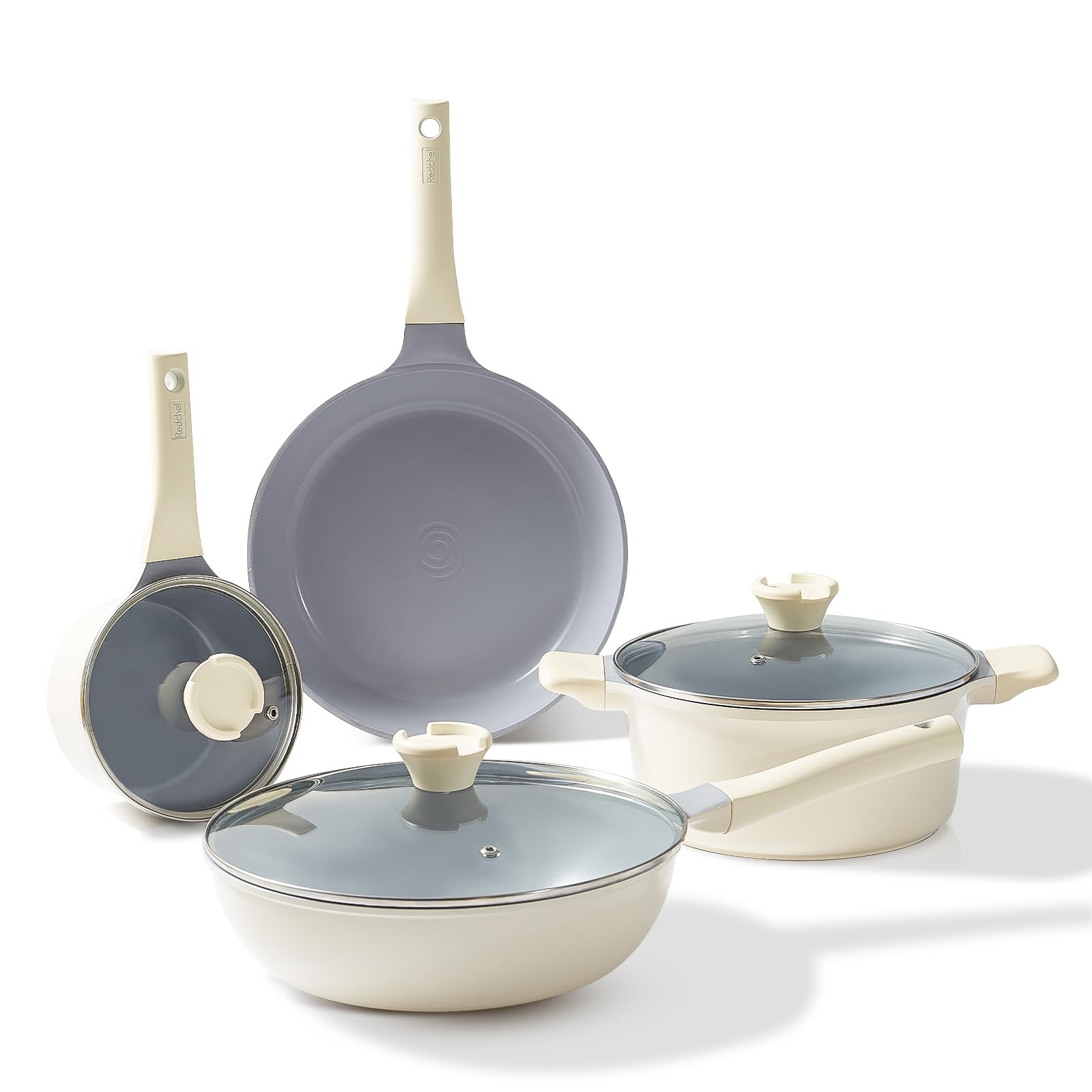 Redchef Ceramic Pots and Pans Set - 7 Piece Non Stick Cookware Set, Healthy and Non Toxic, PFAS PFOA & PTFE Free (Cream)