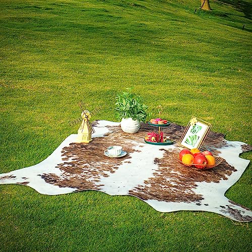 NEOCOZY Exquisite Cowhide Rug, 4.6 x 5.2 ft Faux Cowhide for Living Room Bedroom, Cow Print Rug for Wall, Non-Slip, Camel White