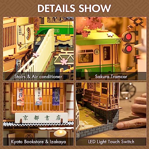 Rowood Book Nook Kit, Bookshelf Insert Decor Alley 3D Wooden Puzzle, DIY Bookend Building Set Model Kit with LED Light -Sakura Tram