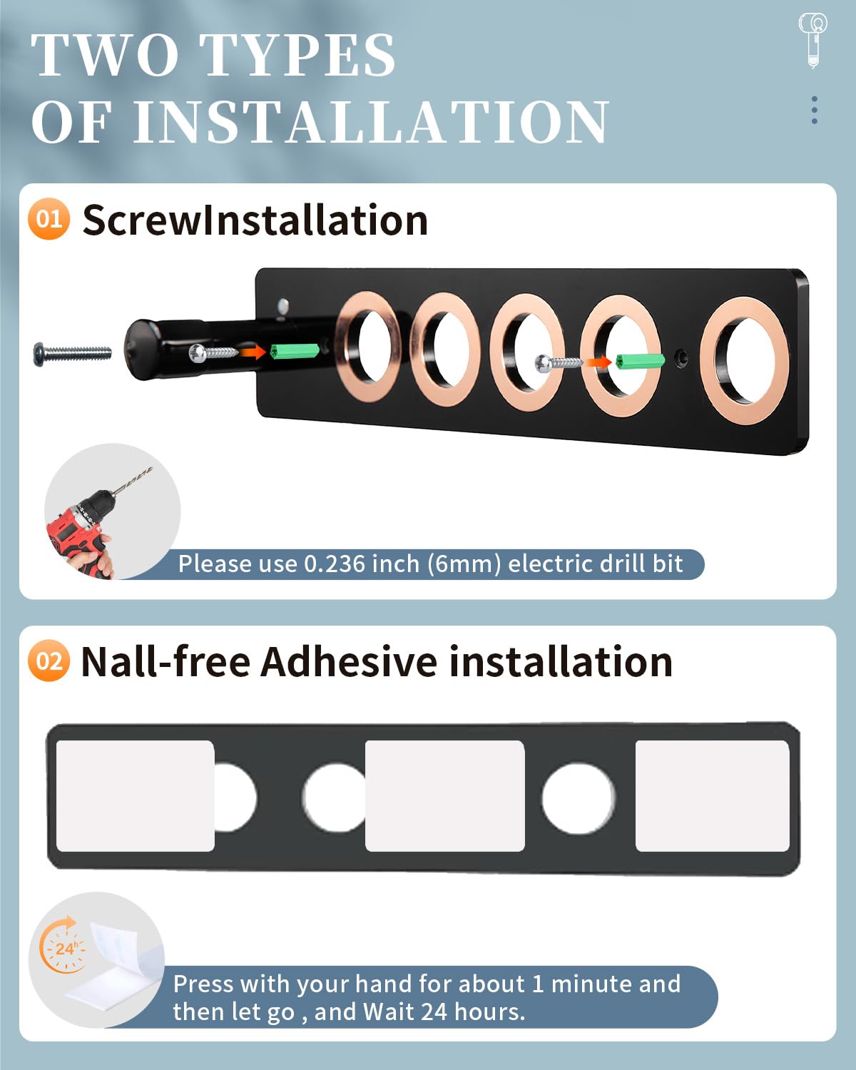 6-in-1 Magnetic Wall Mount for Dyson Supersonic Hair Dryers (HD15, HD08 and Previous Models), with 5 Magnetic Rings for The Accessories (Black)