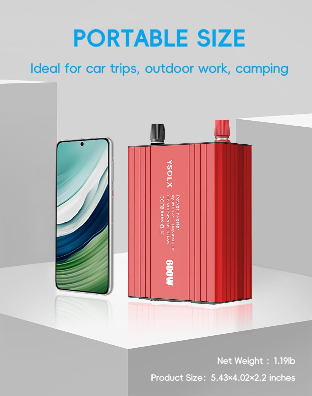 YSOLX 600W Power Inverter 12V to 110V, DC to AC Car Inverter with 65W USB-C/USB-Fast Charging(24W)/Dual AC Outlet,Fast Car Charger Adapter for Phone/Laptop/Road Trip/Camping(Updated)