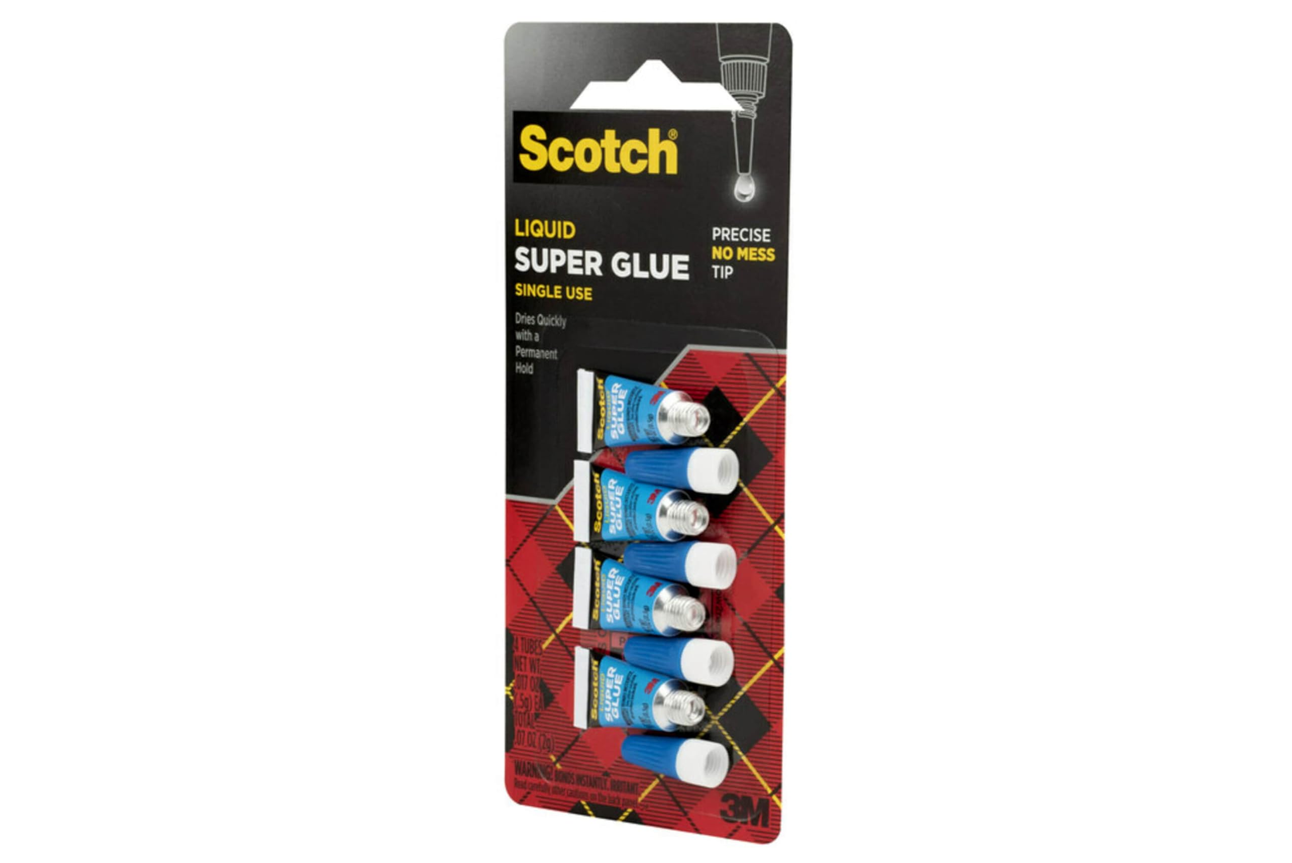 Scotch Super Glue Liquid, 4-Pack of Single-Use Tubes, .017 oz Each, Fast Drying Liquid Formula (AD114)