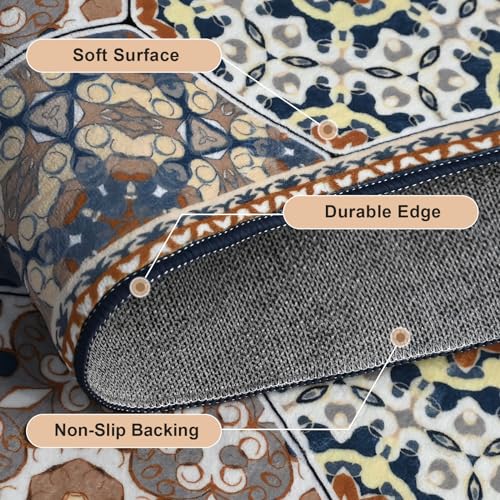 JUSTWOOF Machine Washable Boho Area Rug,2x3 Entry Rug Non-Slip Indoor Door Mat,Non-Shedding Faux Wool Low-Pile Throw Rugs for Bedroom Kitchen Entryway Bathroom Decor(Blue, 2x3ft)