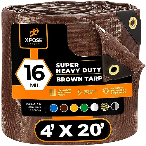 20' x 20' Super Heavy Duty 16 Mil Brown Poly Tarp Cover - Thick Waterproof, UV Resistant, Rip and Tear Proof Tarpaulin with Grommets and Reinforced Edges - by Xpose Safety