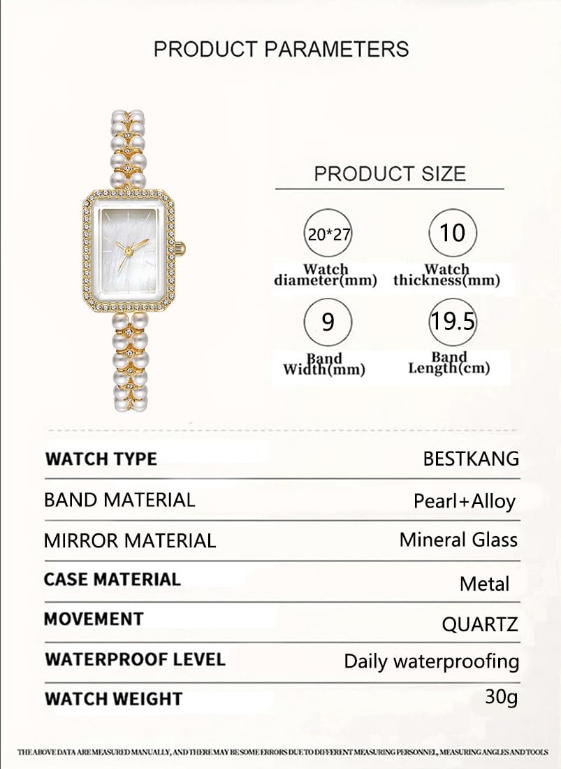 BESTKANG Elegant Pearl Watches for Women Small Square Dial Analog Quartz Watch Pearl Strap Diamonds Bracelet Dress Women's Watch (Gold White)