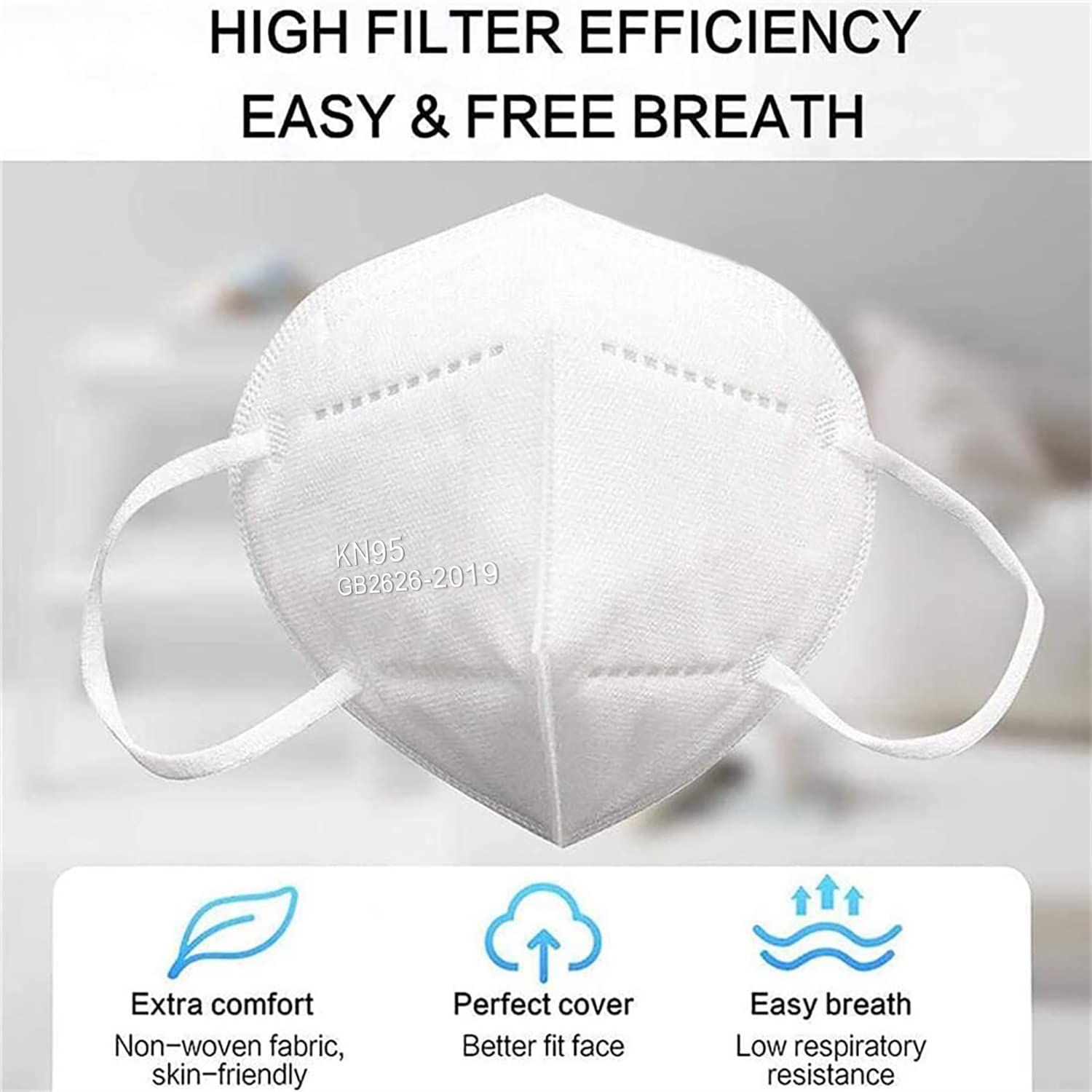 LEMENT 50PCS KN95 Face Mask 5 Layer Breathable with Elastic EarLoops Cup Dust Safety Masks White