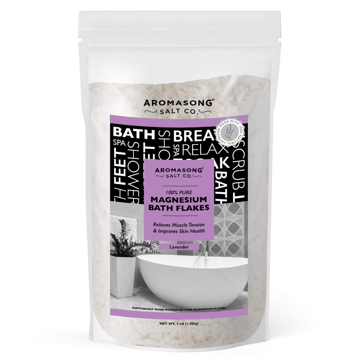 Aromasong Magnesium Flakes from The Dead Sea, 12 LB Resealable Pack with 3 LB Magnesium Flakes with 100% Natural Lavender for Leg Discomfort, Stress and Headaches