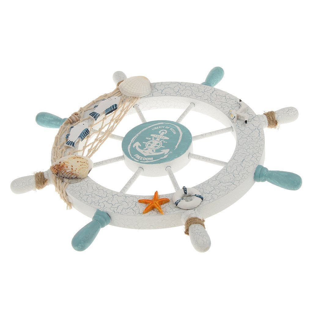 Rienar Nautical Beach Wooden Boat Ship Steering Wheel Fishing Net Shell Home Wall Decor White - Fish