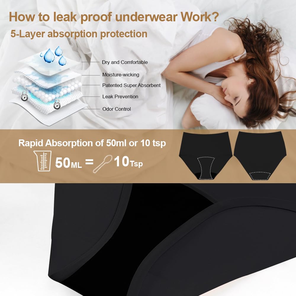 BATTEWA Incontinence Underwear for Women Seamless Washable, Leak Proof Underwear, High Absorbency Panties, Bladder Leak Underwear Protective Briefs 50ml,Black,Large