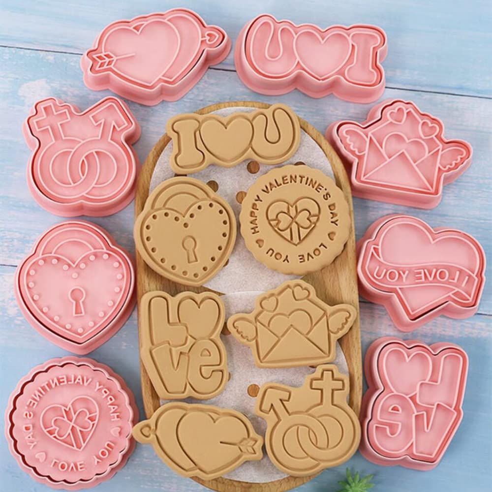 8 Pieces Valentine's Day Cookie Moulds For Baking I Love You Cookie Press Cookie Mould Set Kitchen Tools Plastic Cookie Stamps (Valentine's Day A)