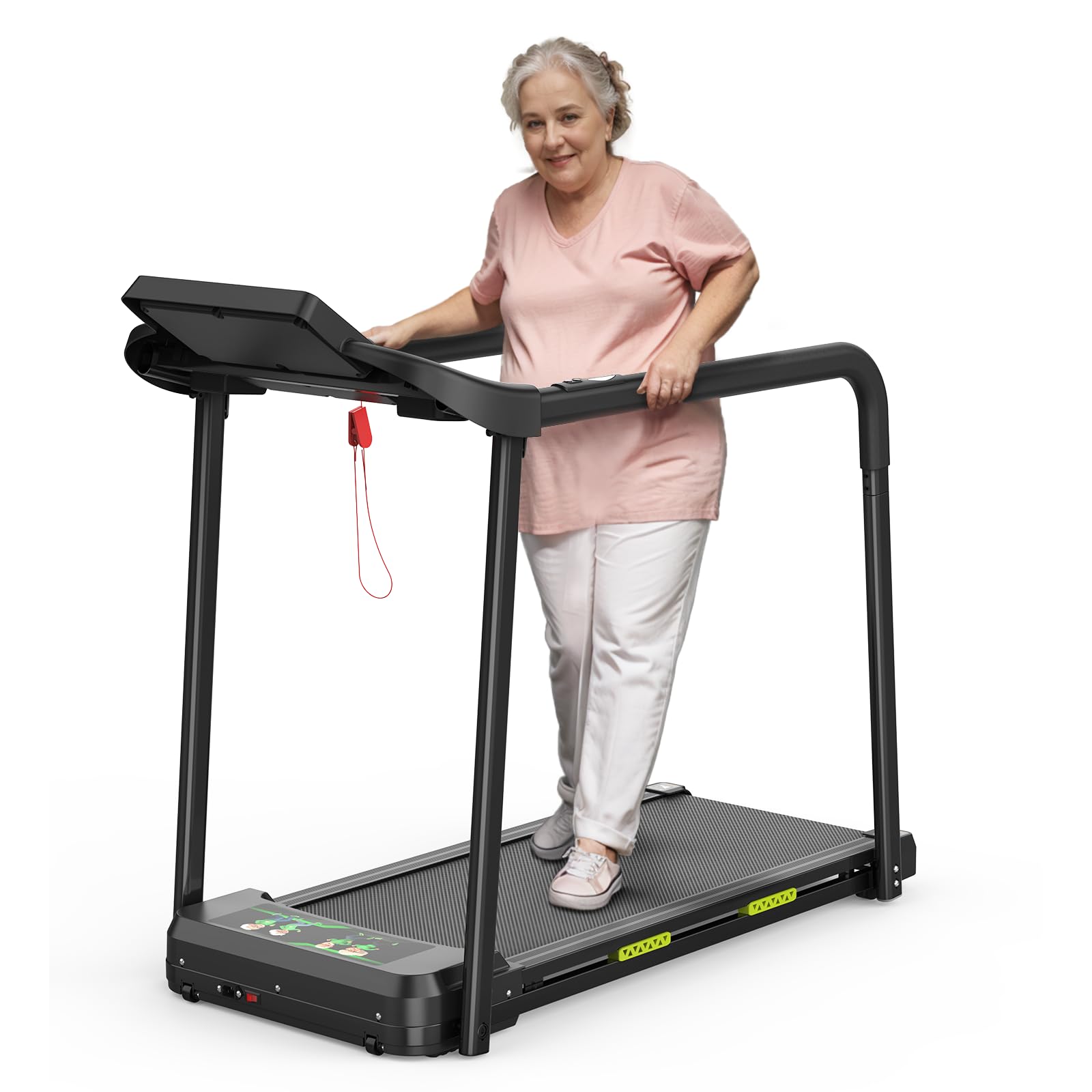 Walking Treadmill with Long Handrail for Balance, Recovery Fitness Exercise Machine Foldable for Home use with Holder for Phone & Cup,LCD Display, 300 lbs Capacity