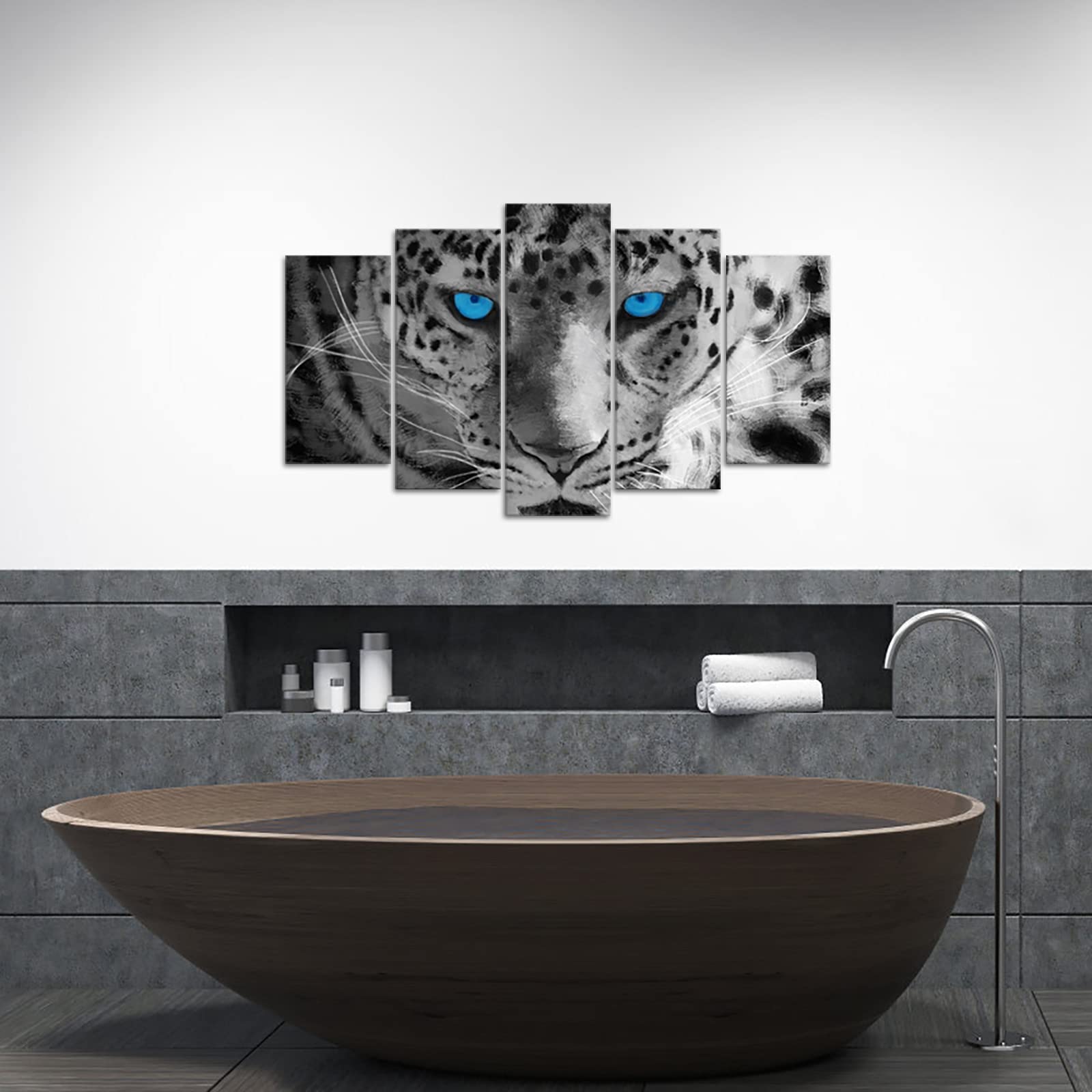 DuoBaorom 5 Piece White Leopard Blue Eyes Picture Canvas Animal Wall Art for Bedroom Living Room Decor