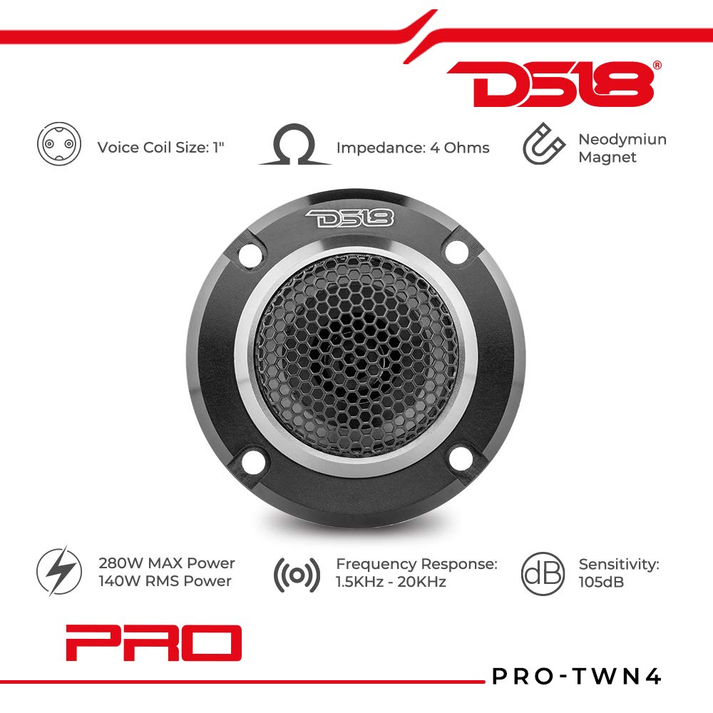 DS18 PRO-TWN4 High Compression Neodymium Super Bullet Tweeter 1" VC, 280 Max, 140W RMS, 4 Ohms with Built in Crossover Tweeters are The Best in The Pro Audio and Voceteo Market (1 Speaker)