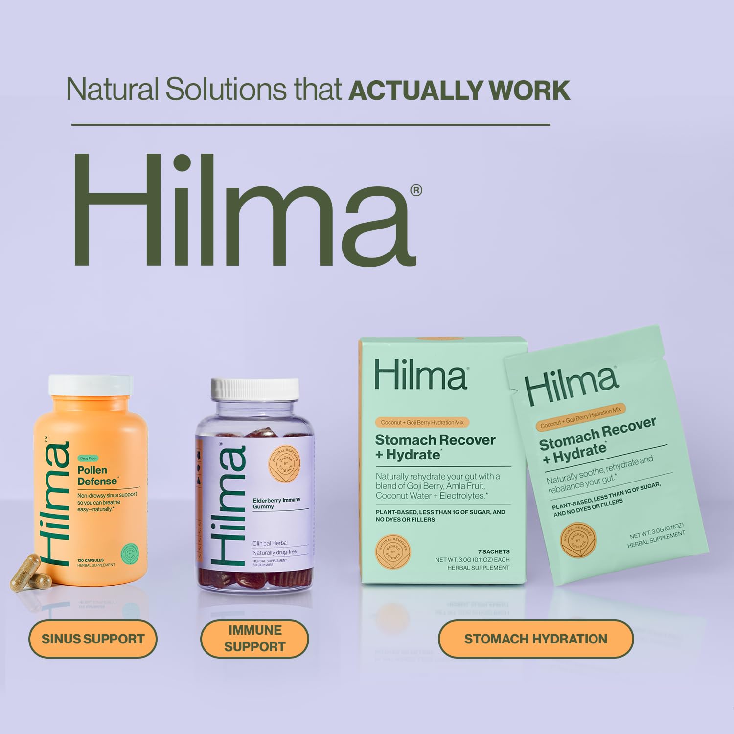 Hilma Natural Sinus Support, All Day Allergy and Sinus Relief from Pollen and Dust w/Butterbur, Stinging Nettles and Spirulina, Non-Drowsy, Organic, Clinically Proven Ingredients, 120 Vegan Capsules