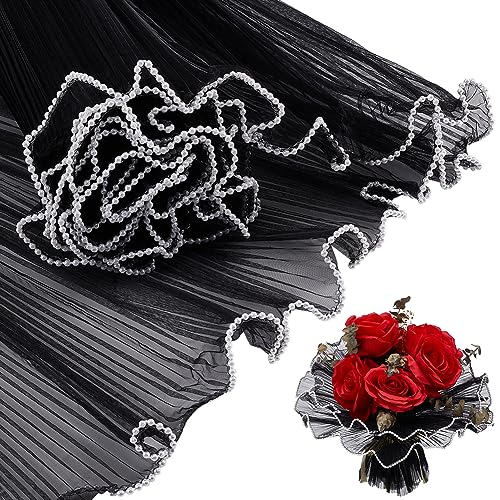 BENECREAT 4.37 Yards Black Flower Wrapping Mesh Paper, Pearl Edge Bouquet Packaging Paper Wrinkled Translucent for Wedding Decor, Florist Supplies Wedding Festival Gifts Packaging