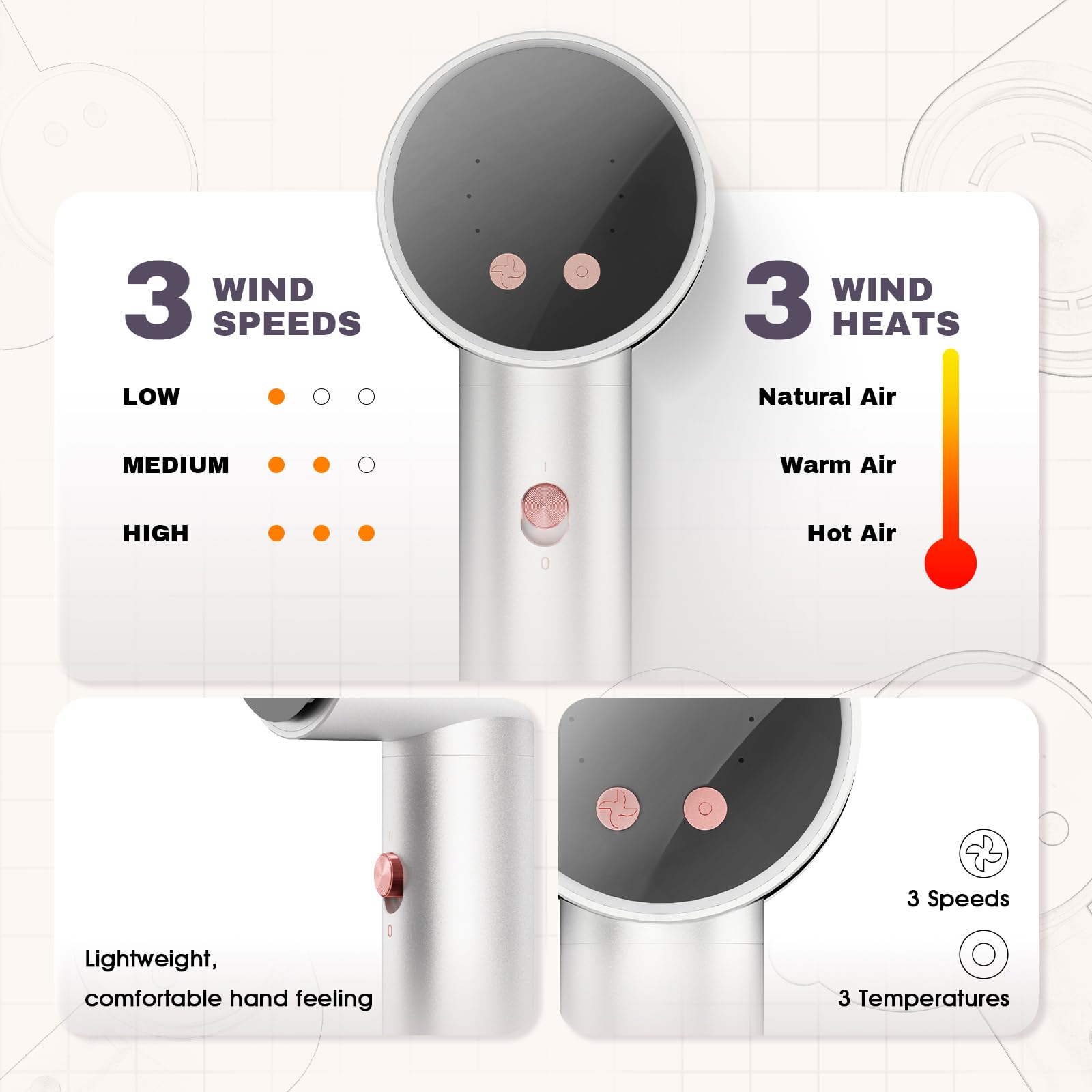 Hair Dryer High Speed BLUSHMARKS 110000RPM Brushless Motor 1400W Negative Ionic Detachable Inlet Air Filter Blow Dryer for Fast Drying Low Noise Thermo-Control Home Salon Travel Rose Gold Silver