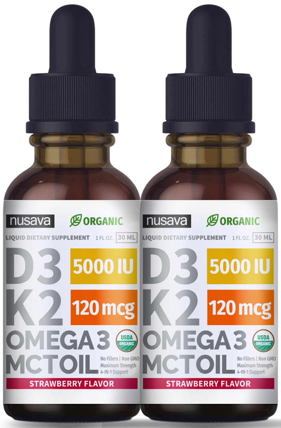 (2 Pack) Organic Vitamin D3 K2 Drops 5000 IU with MCT Oil Omega 3 - Maximum Strength Liquid D3 with No Fillers, Non-GMO for Faster Absorption, Immune Support (Strawberry, 2 Fl Oz)