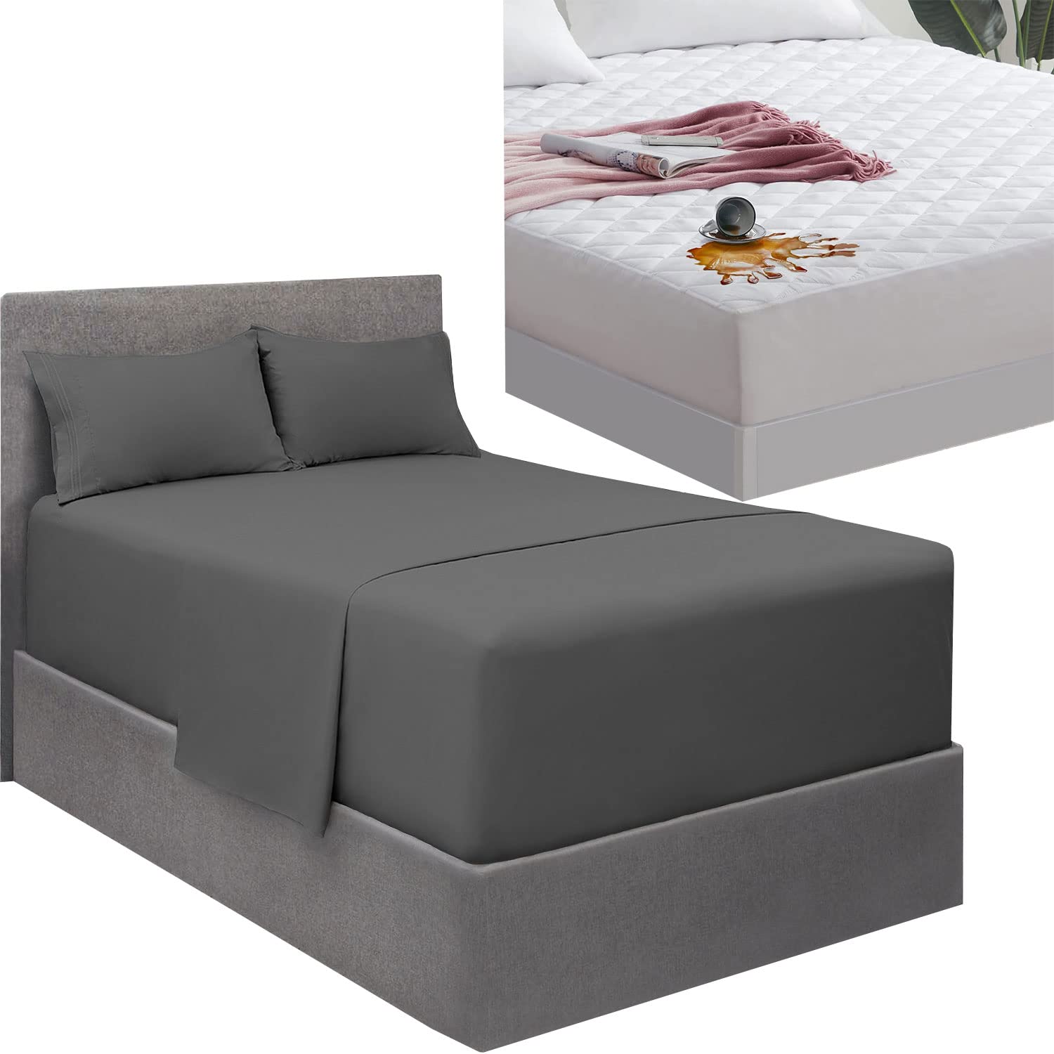 Mellanni Extra Deep Pocket Sheet Set + Waterproof Mattress Pad Bundle&Save - Bundle Includes: 4pcs Extra Deep Pocket Sheets up to 21" and Waterproof Mattress Pad 21" (King, Gray & White)