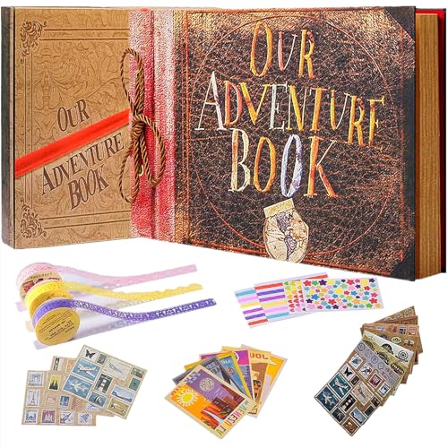Our Adventure Book Scrapbook DIY Handmade Retro Style Travel Souvenir, 11.92 x 7.62" Leather-Bound Scrapbook Inspired by 'Up', Gift for Couples Anniversary, Weddings, Travelling, Birthday, Christmas