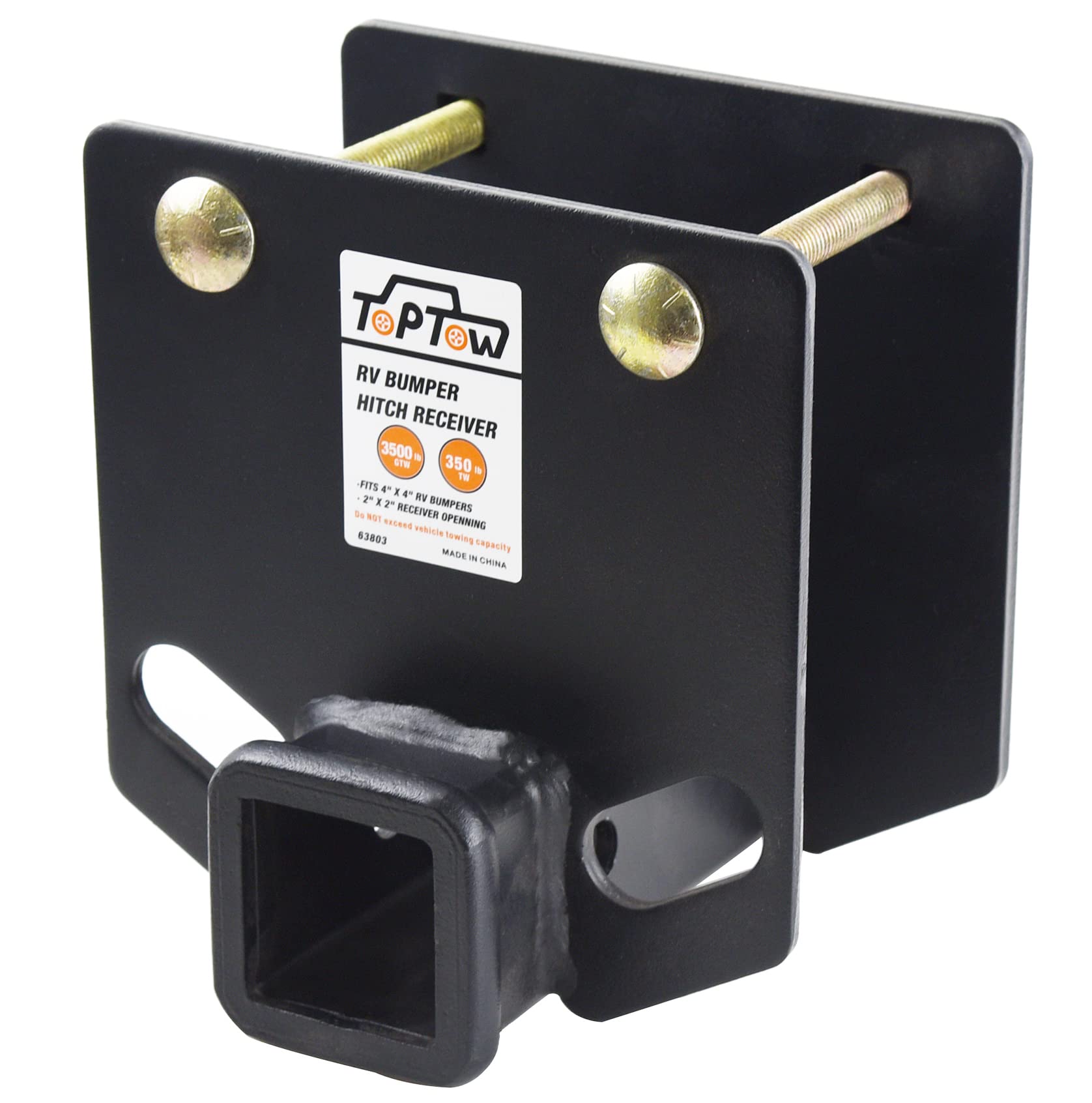TOPTOW 63803 RV Bumper Hitch Receiver 2 inch Adapter Openning 3500 LBS Capacity Fits for 4 inch X 4 inch Square RV Rear Bumpers