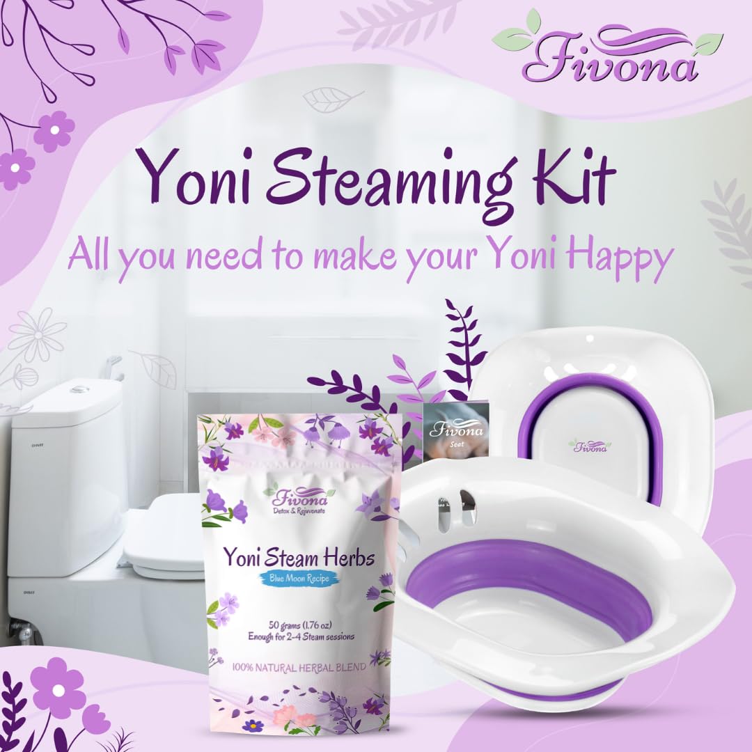 Fivona 2-in-1 Yoni Steaming Kit Over The Toilet Seat with V Steam Herbs Blue Moon Recipe for Detox, Cleansing, PH Balance and Odor Control