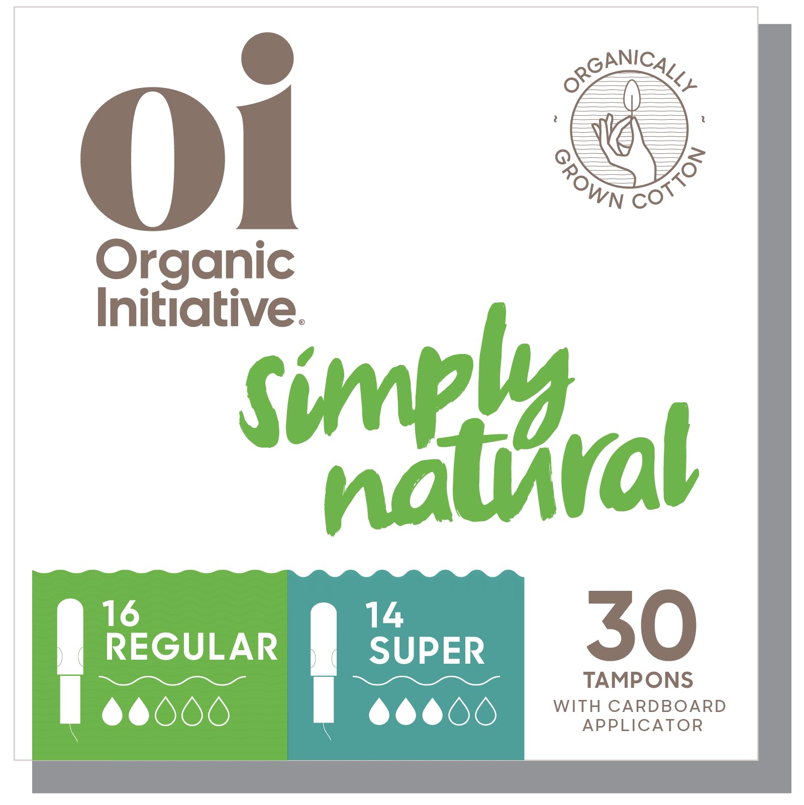 Oi Organic Tampons | Regular/Super Absorbency | 100% Certified Organic Cotton, Unscented | Cardboard Applicator | Leak Free, Easy Grip | 1x14 Super Pack, 1x16 Regular Pack (30 Count)