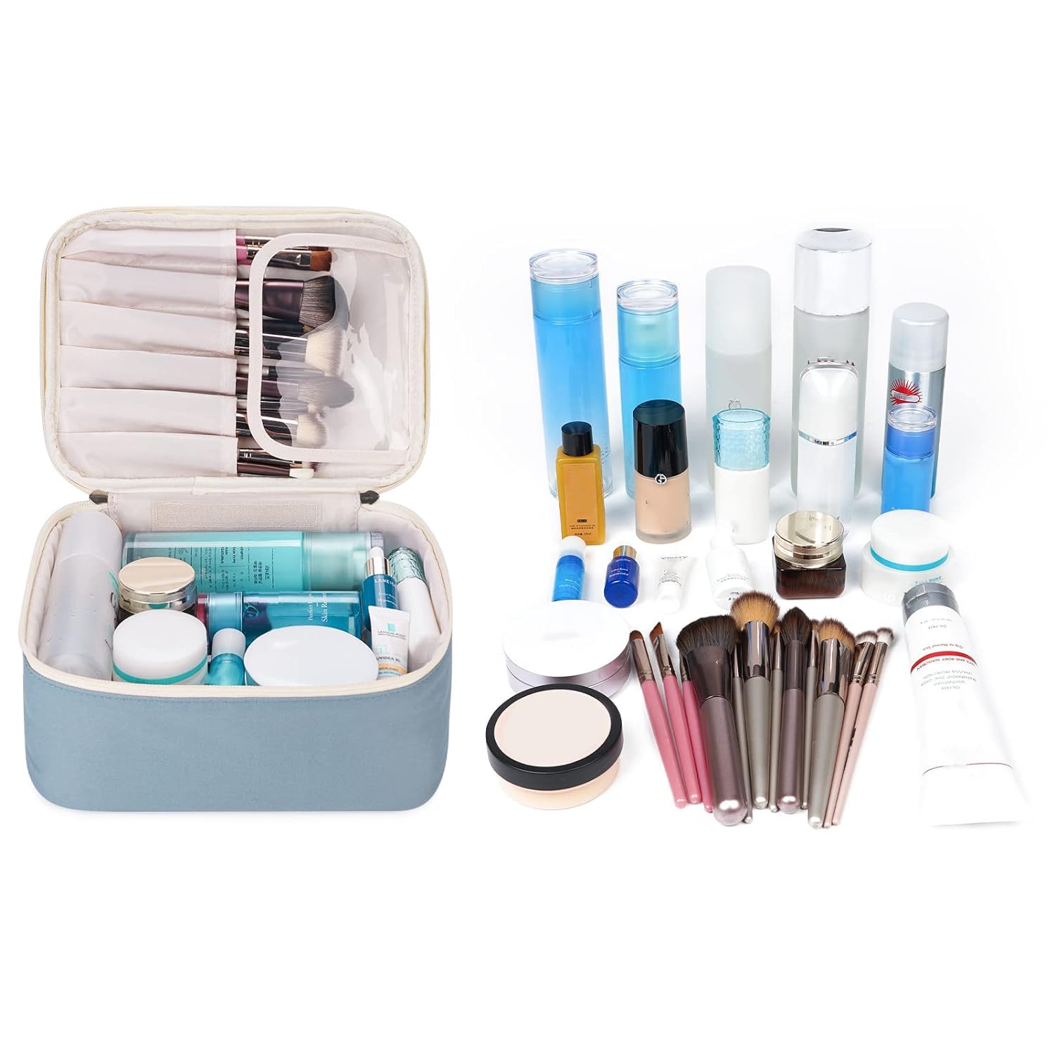 Narwey Travel Makeup Bag with Brush Compartments,Portable Cosmetic Bag,Make up Bag Makeup Organizer Case with Brush Storage for Women (Greyish Blue-1)