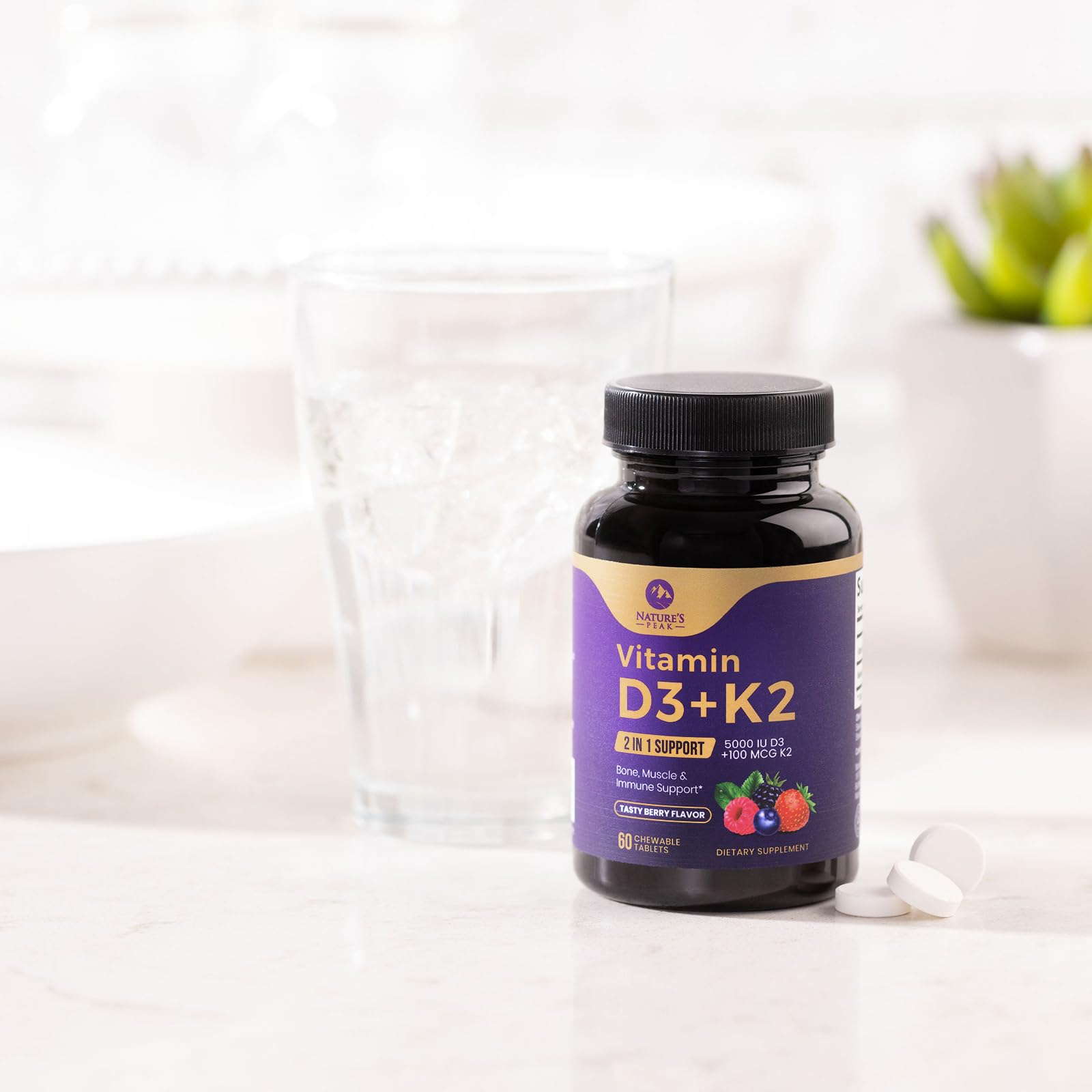 Vitamin D3 K2 - 5000 iu Vitamin D3 & 100 mcg Vitamin K2 (MK-7) Complex for Immune Support - Bone, Teeth & Muscle Health Support - Berry Chewable, Gluten Free, Non-GMO, Bottled in USA - 60 Tablets
