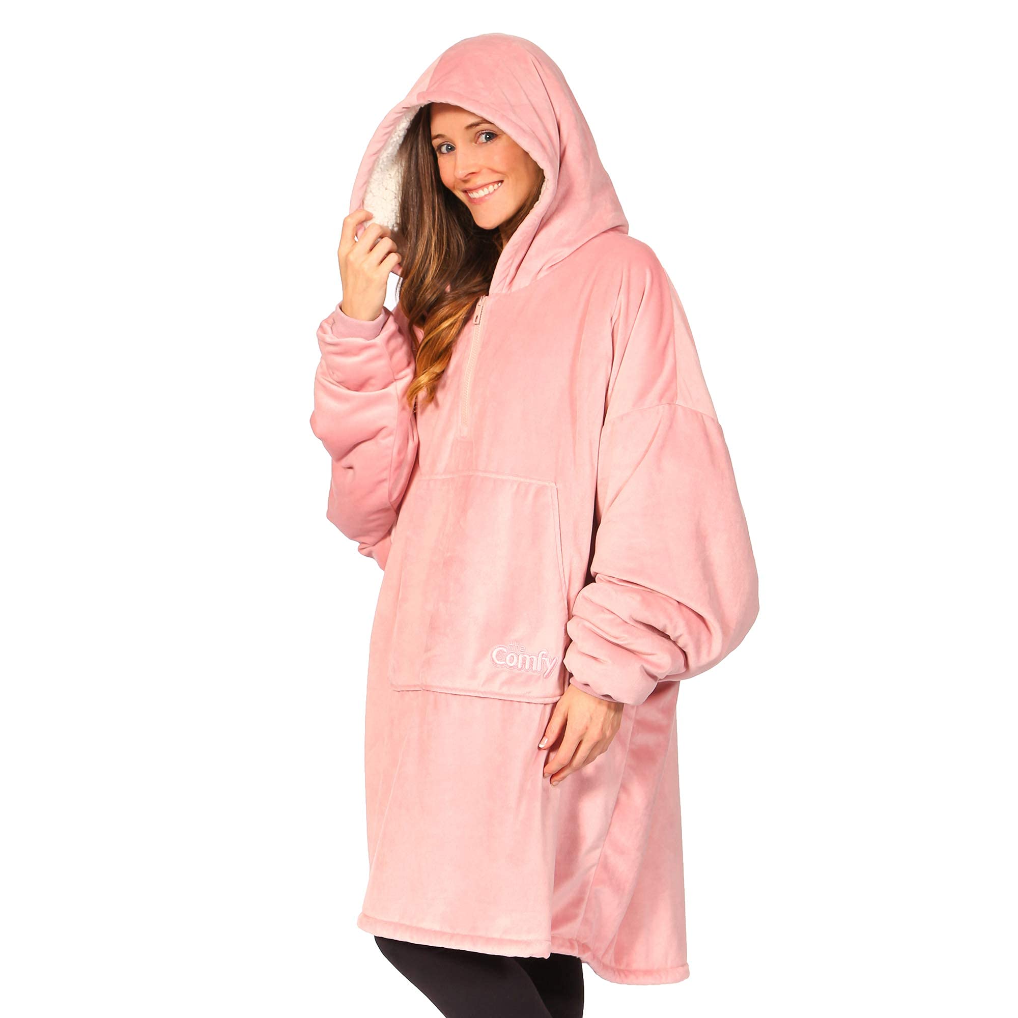 THE COMFY Original Quarter Zip | Oversized Microfiber & Sherpa Wearable Blanket with Zipper, Seen On Shark Tank, One Size Fits All (Blush)