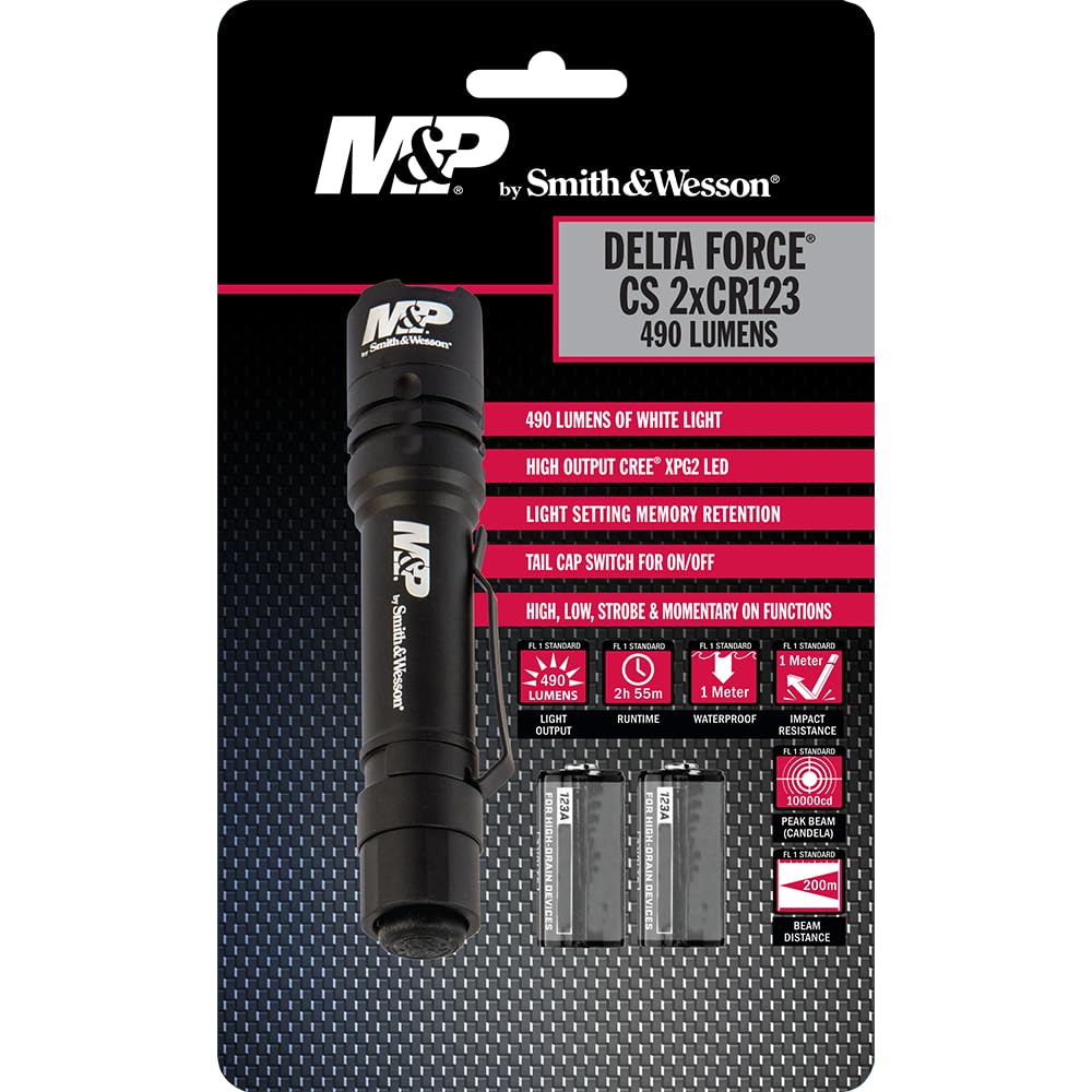 Smith & Wesson M&P Delta Force CS 2xCR123 490 Lumen Flashlight with 4 Modes, Waterproof Construction and Memory Retention for Outdoor, Tactical and Shooting