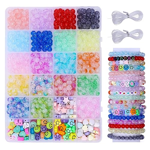 EYENICE 600 Pcs Beads for Jewelry Making,24 Colors Acrylic Crystal Burst Beads Accessories for Bracelet Necklace Making Kit, with 2 Strands of Elastic Thread for DIY Crafts
