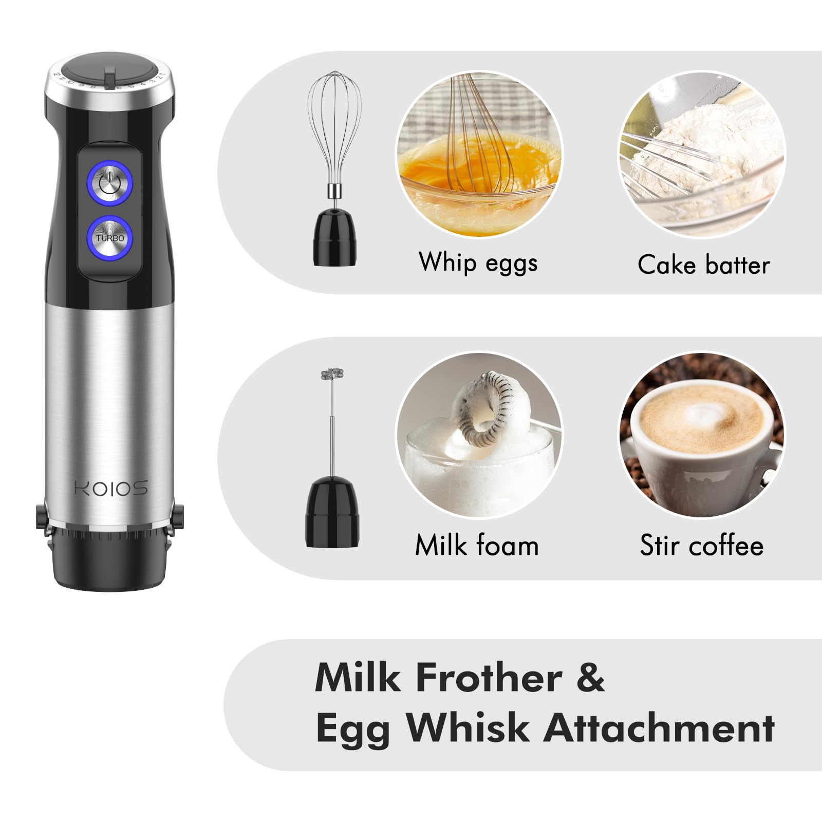 KOIOS 1000W Immersion Hand Blender, Upgrated 5-in-1 Handheld Blender, Full Copper Motor, Titanium Enhanced Blender Shaft, 12-Speeds, 600ml Mixing Beaker, 500ml Chopper, Whisk & Milk Frother