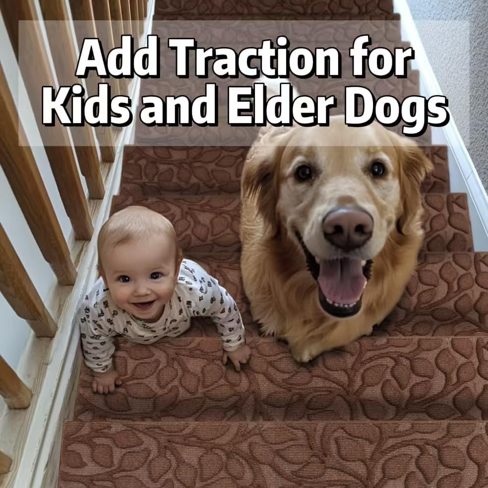 Aucuda 2pcs 8.5" x 30" Stair Treads Outdoor for Elders and Dogs on Wooden Steps, Non Slip Stair Runner Rug Heat Insulation Rubber Backing, Gray Floral Staircase Mat Carpet for Indoor Grip Farmhouse.