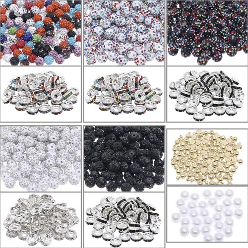 Taouzi 150 Pcs 10mm Rhinestone Beads for Jewelry Making Sparkle Clay Rhinestone Beads Spacer Beads Faux Pearl Beads Elastic String for Bracelets Necklace Earrings Jewelry Making (Black Colorful)