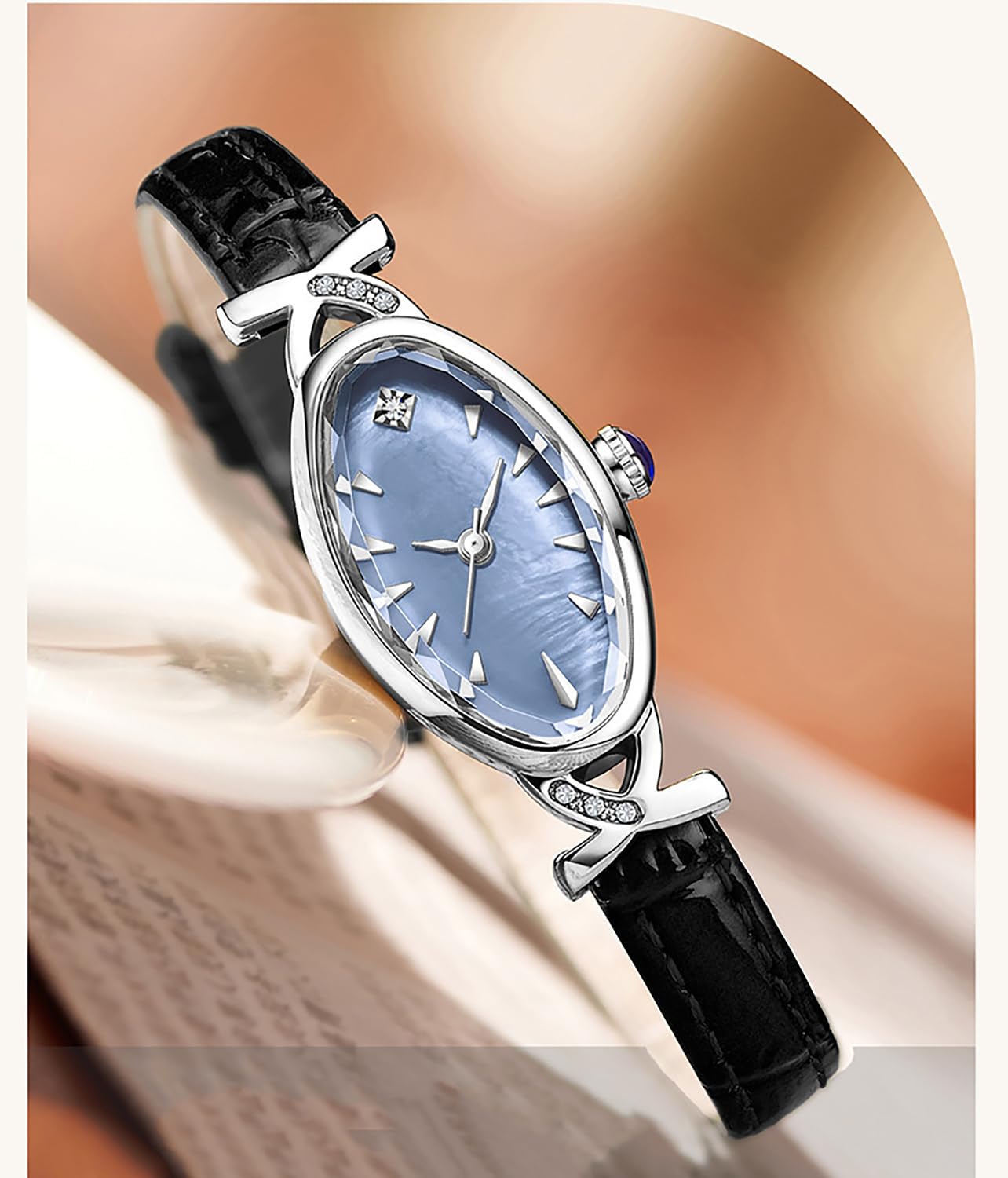 BESTKANG Leather Women's Watch Dainty Vintage Oval Ladies' Watch Elegant Diamond Waterproof Quartz Gold Watches for Women (Black Silver Blue)