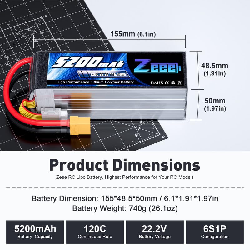 Zeee 6S Lipo Battery 5200mAh 22.2V 120C Soft Case Lipo with XT90 Connector RC Battery for RC Car Truck Airplane Helicopter Quadcopter Boat (2 Pack)
