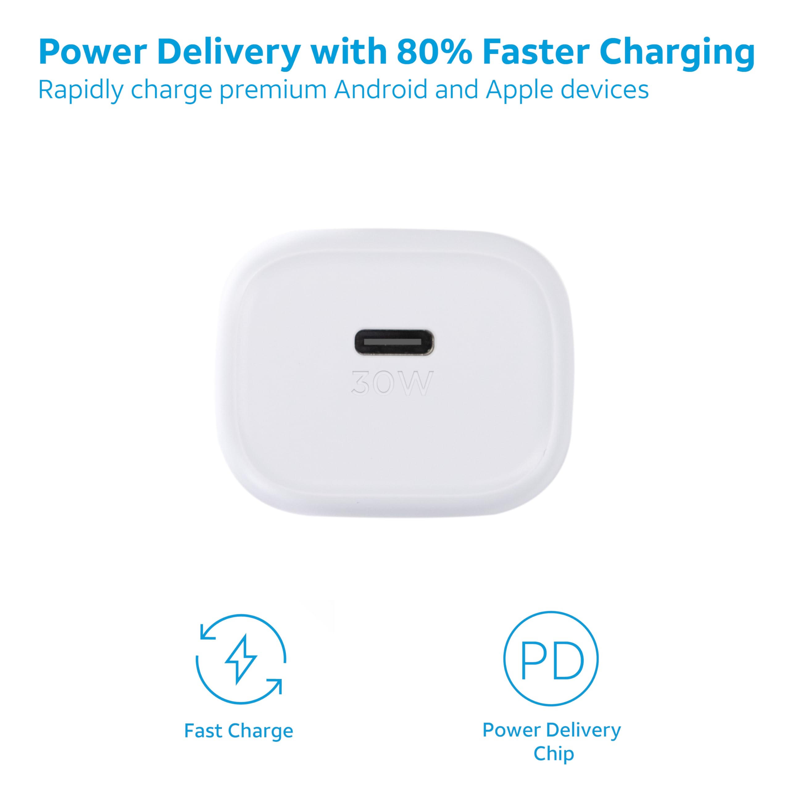 AT&T Single Port Fast Charging 30W USB-C Power Adapter Wall Block with Foldable Prongs for Apple iPhone, iPad, Google Pixel, Samsung Galaxy (White)