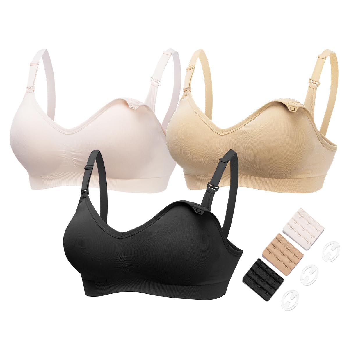 HOFISH 3-Pack Seamless Nursing Bras with Extenders & Clips, Push Up, Deep V Neck - Pink, Black, Beige, Large