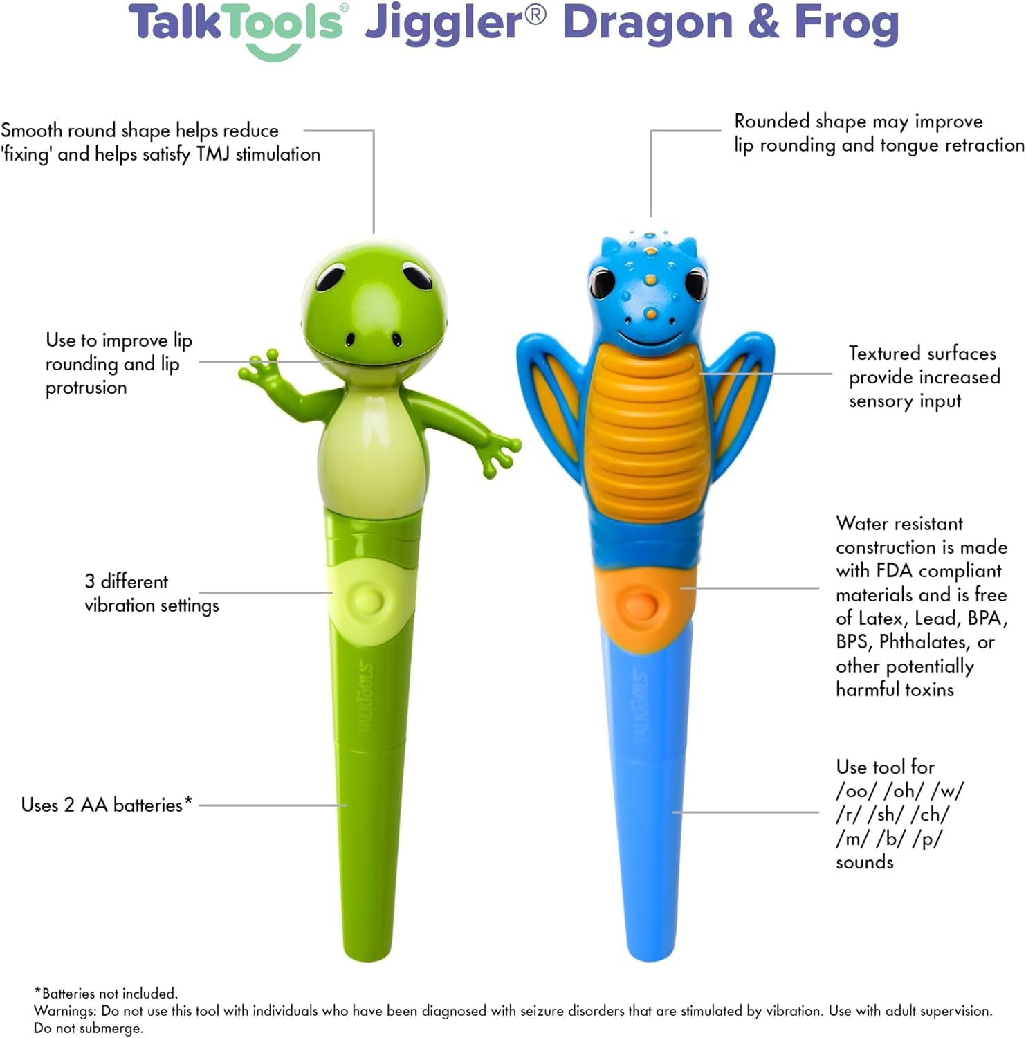 TalkTools Jiggler - Oral Facial Massager - Sensory Awareness Tool for Jaw and Lips | Improve Speech and Feeding Skills | Calming Motor for Kids - Dragon/Frog - Set of 2