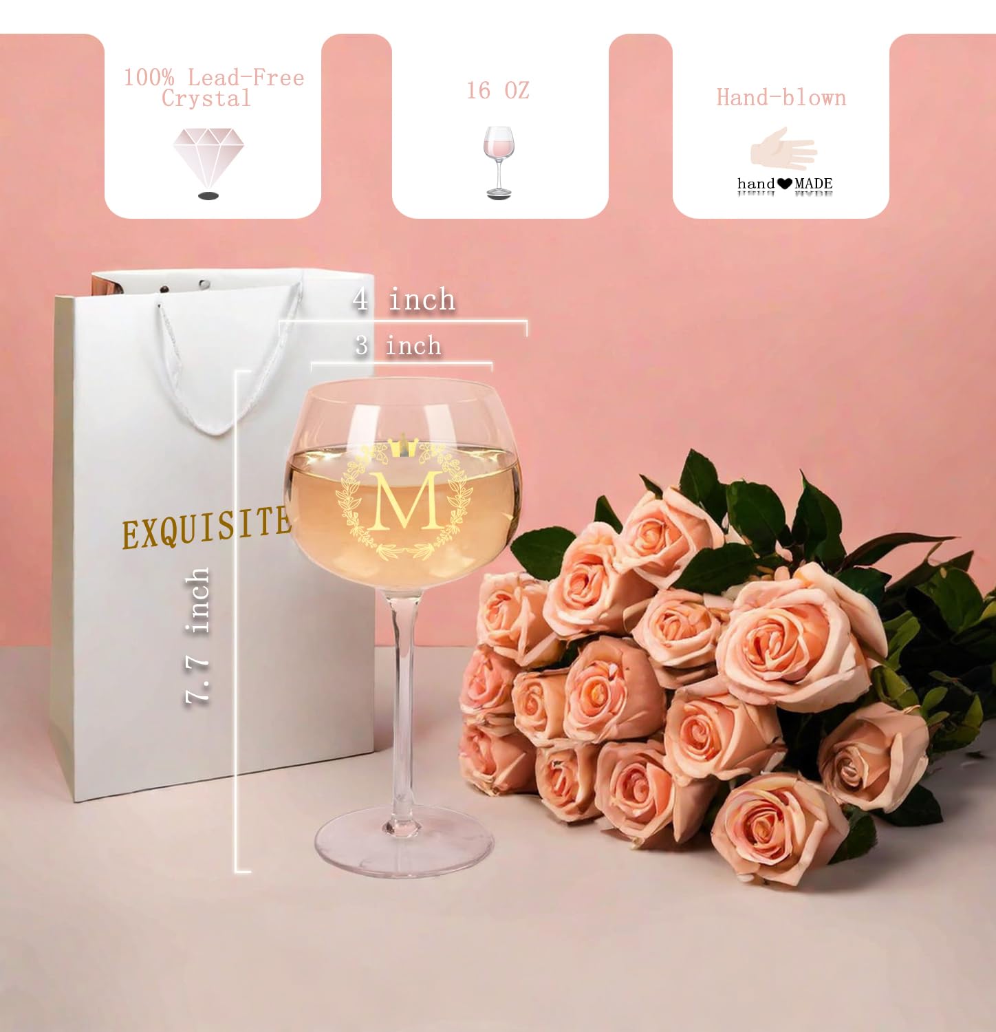 Personalized Custom Birthday Red Wine Glass for Women, Engagement Gift for Couples, Wedding Retirement Initial, 16oz Bride Wine Glass, Best for Wine Lovers, Monogrammed Cup A (M)